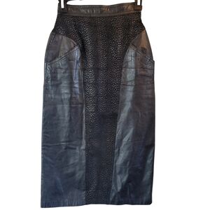 Vtg 80s 90s Winlit Black Leather High Waist Midi Skirt